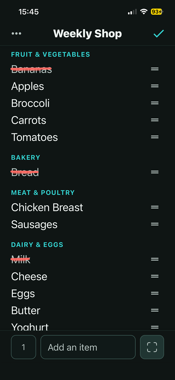 The same Weekly Shop in dark mode.