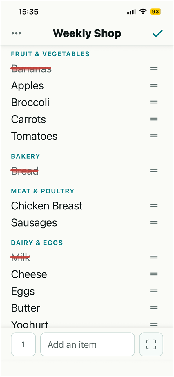 ShopLister's Weekly Shop, grouped under aisle headings, with Bananas, Bread and Milk ticked off.