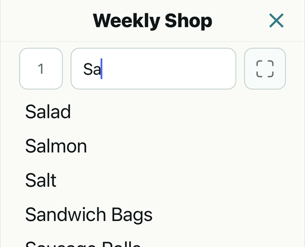Quick Add with 'Sa' typed, suggesting Salad, Salmon, Salt and Sandwich Bags.